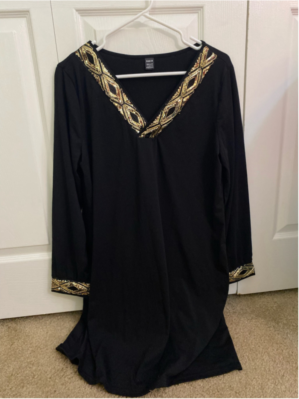 Women's SHEIN Long Sleeve Dress Size L Black Gold Sequin Trim